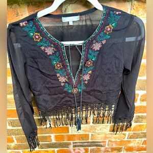 Per Una Embroidered Crop Top With Tassel Fringe At Hem and Sleeves. UK 8, US 4